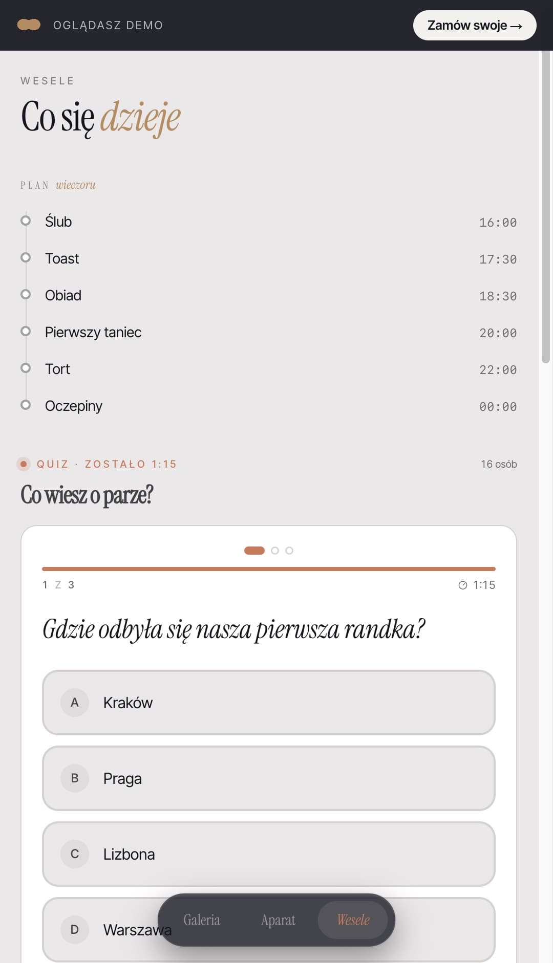 Plan wieczoru i quiz w aplikacji dla gosci