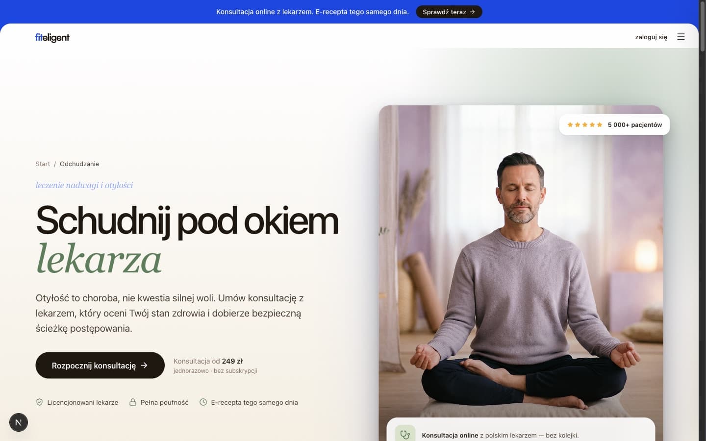 Sekcja hero landingu z wyborem leczenia i wejsciem do konsultacji online