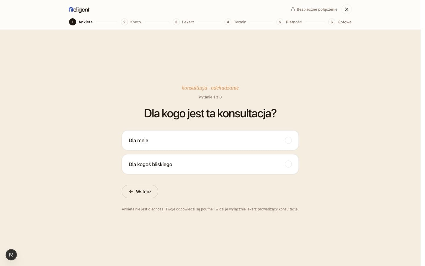 Krok ankiety zdrowotnej w przeplywie rejestracji i wywiadu