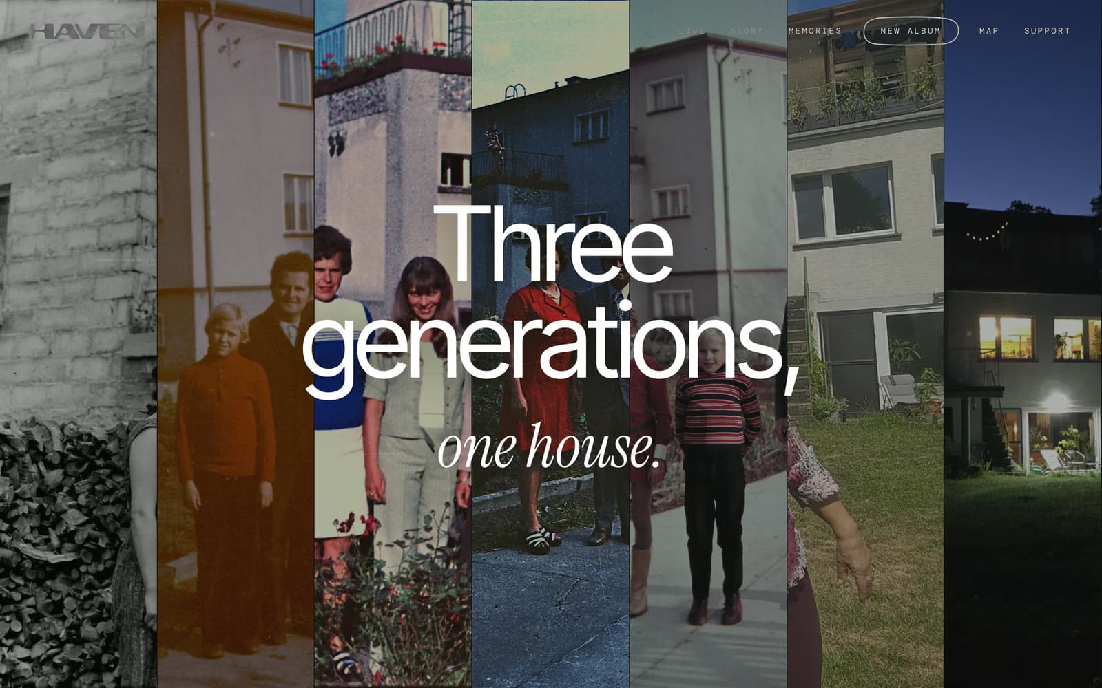 Three generations, one house: dom w kolejnych dekadach, kazdy pasek z innego archiwum