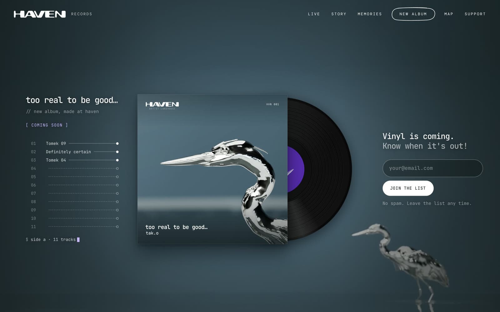 havenstudio.art/album: okladka, winyl wysuwajacy sie z koperty i zapis na liste