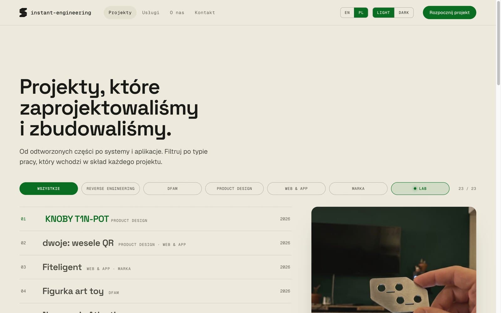 Edytorski indeks realizacji z filtrami kategorii