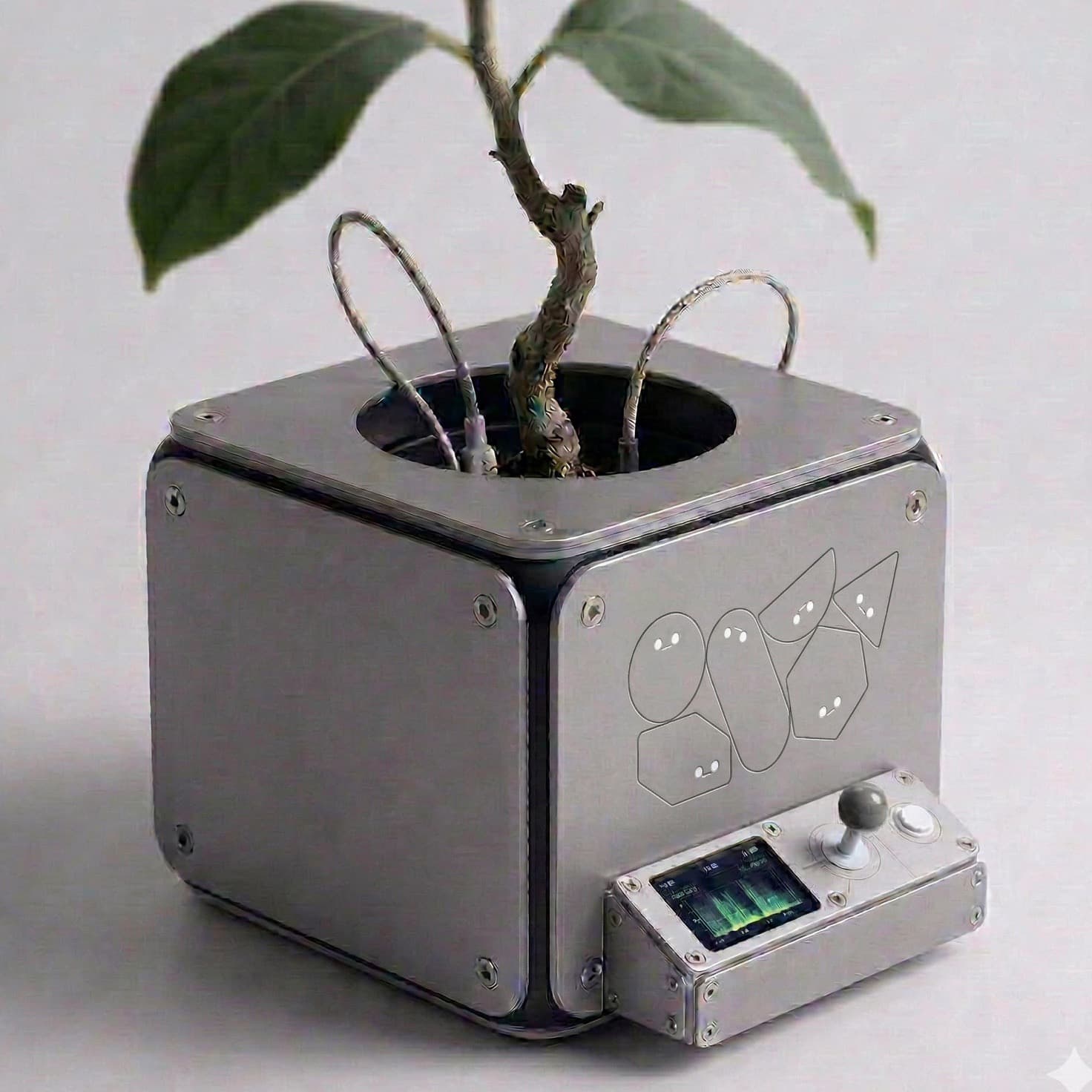 Render detalu T1N-POT z joystickiem, grawerowanymi ksztaltami twarzy i panelami ze szczotkowanego aluminium