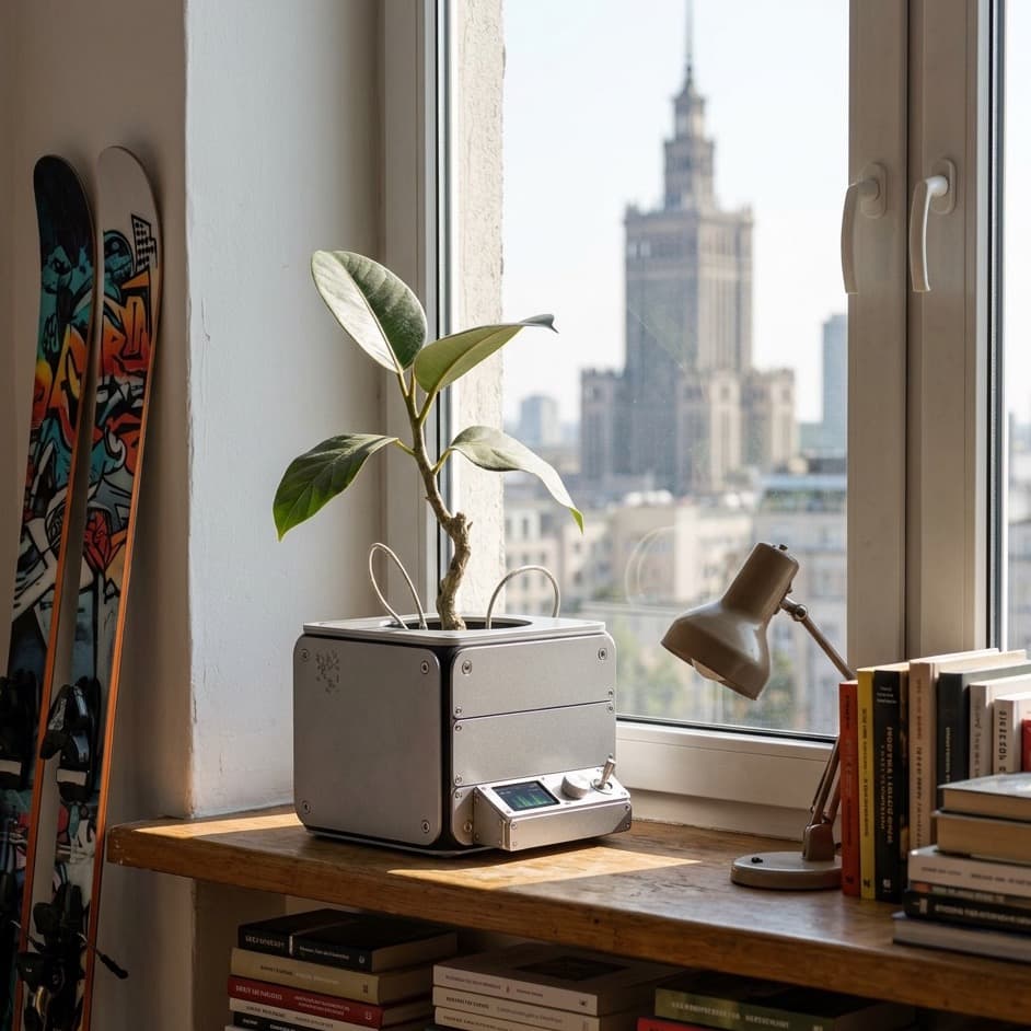 T1N-POT w oknie warszawskiego mieszkania, kontekst lifestylowy z panorama miasta