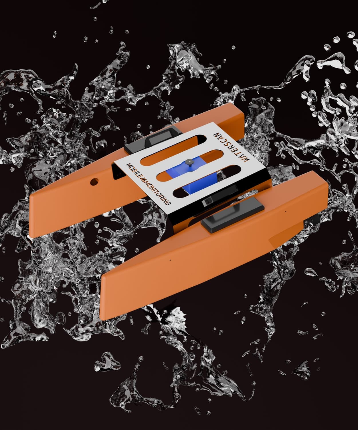 Render produktowy: obudowa boi i modul WATERSCAN z brandingiem Mobile Monitoring.