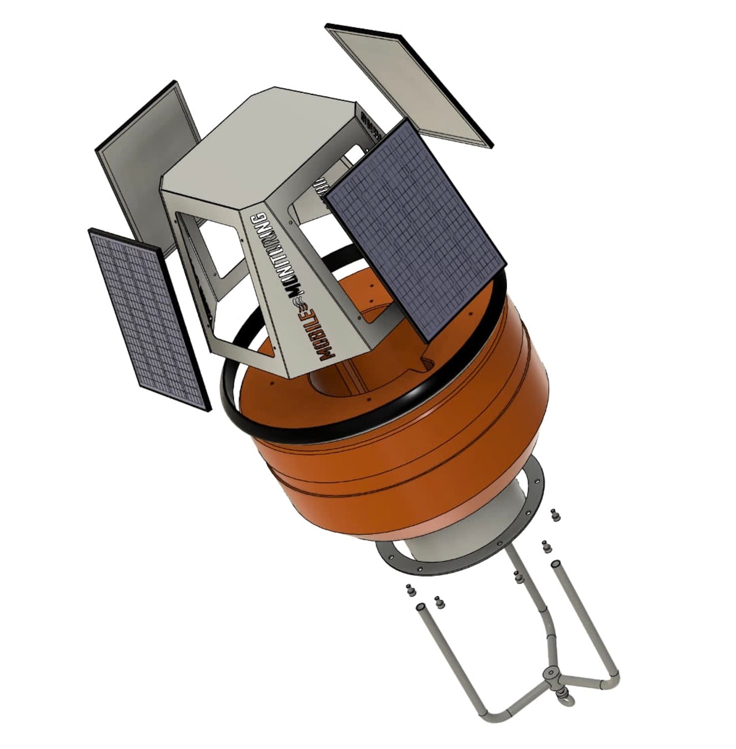 Rozstrzelony model CAD: panele solarne, rama czujnikow, plywak i mocowanie (Shapr3D).
