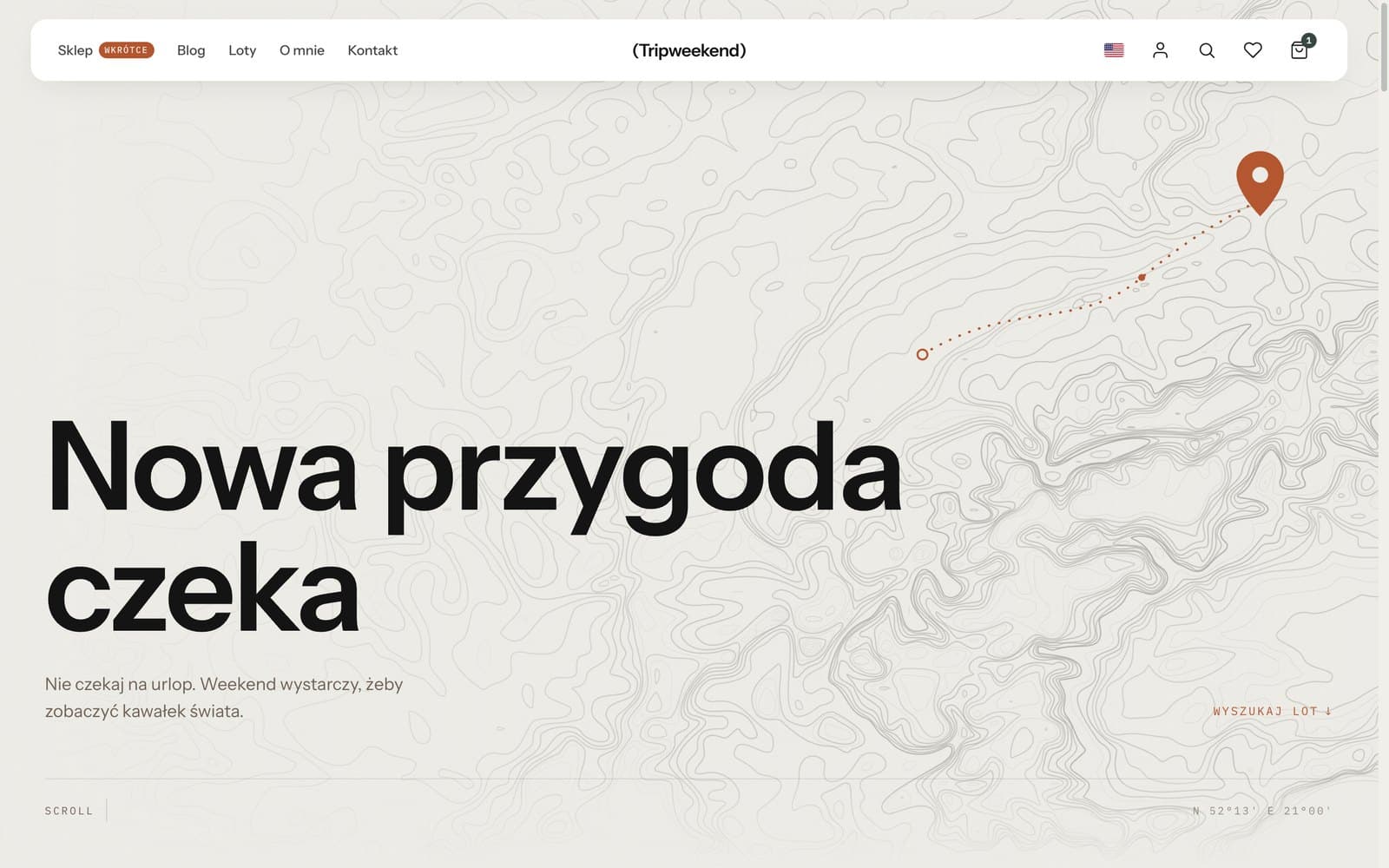 Strona glowna tripweekend.pl z mapa topograficzna w tle